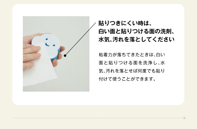貼りつきにくいときは白い面と貼り付ける面の洗剤、水気、汚れを落として下さい